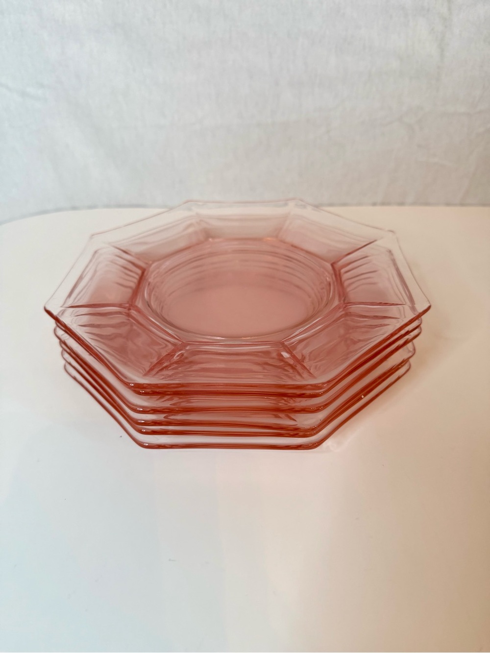 6 Vintage Pink Depression Glass Octagon Dessert Plates 7.5”